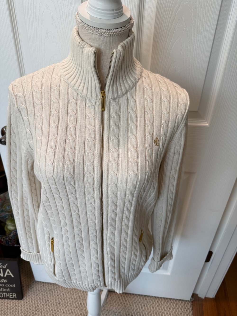 Lauren Ralph Lauren Cream Cable Knit Zip-Up Sweater Cardigan